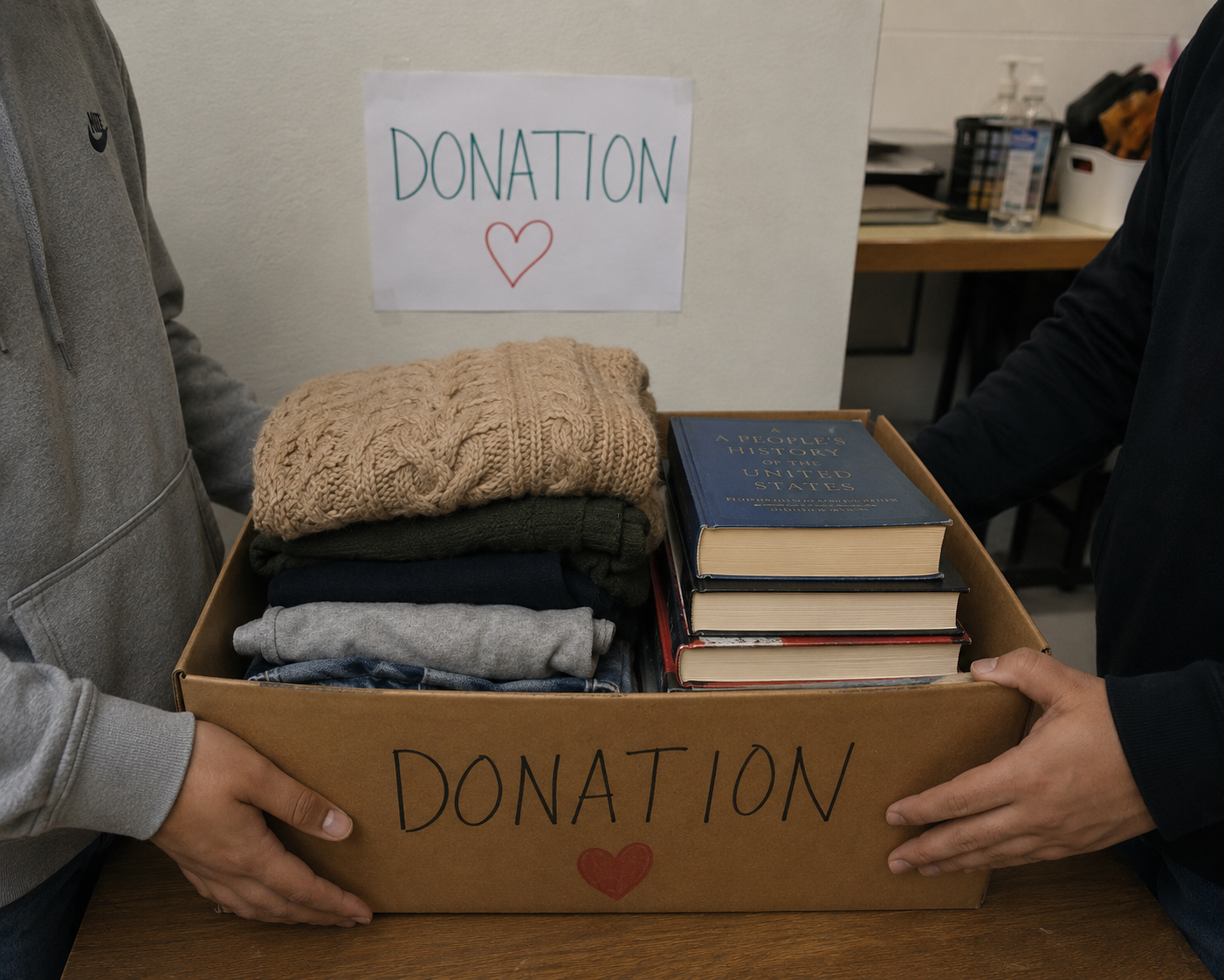 A student holding a box of items donated to other students