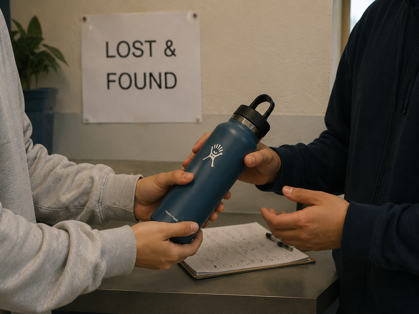 A student returning a found water bottle at the lost and found desk